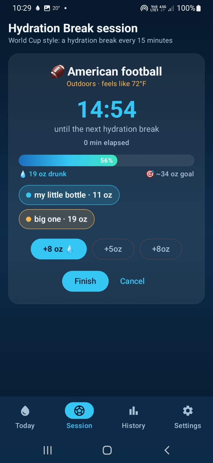 American football session with hydration break countdown