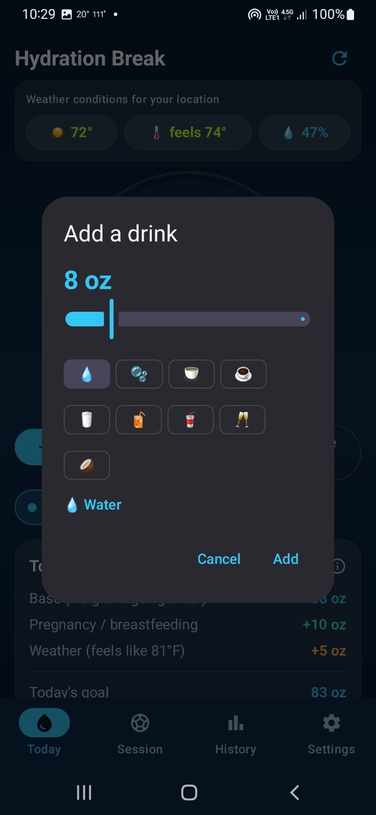 Add a drink dialog with nine drink types