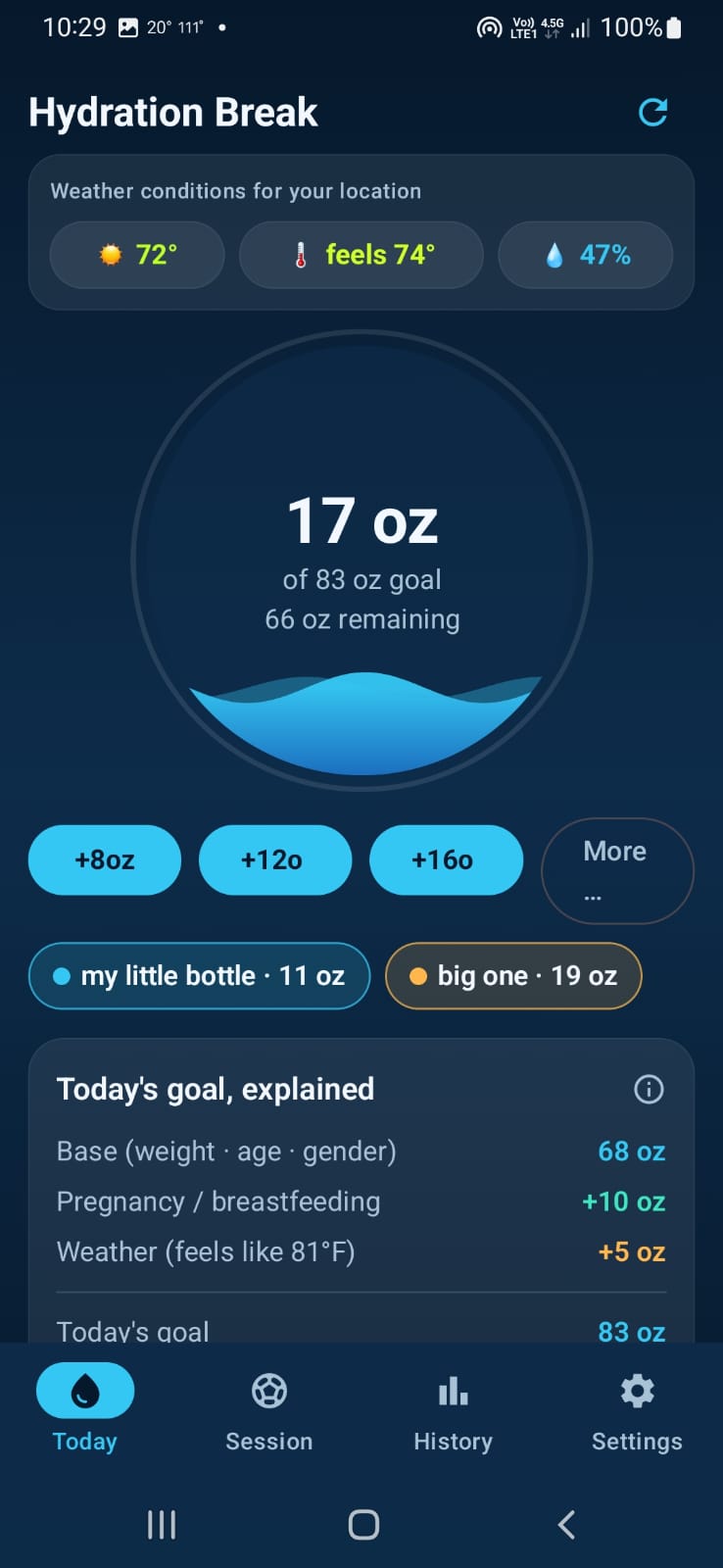 Home screen with weather chips and water gauge in ounces
