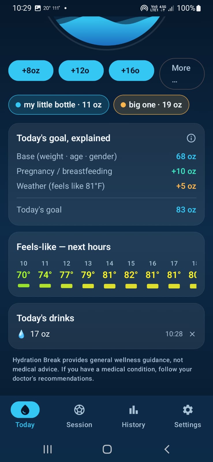 Daily goal breakdown showing the weather addition and hourly feels-like forecast