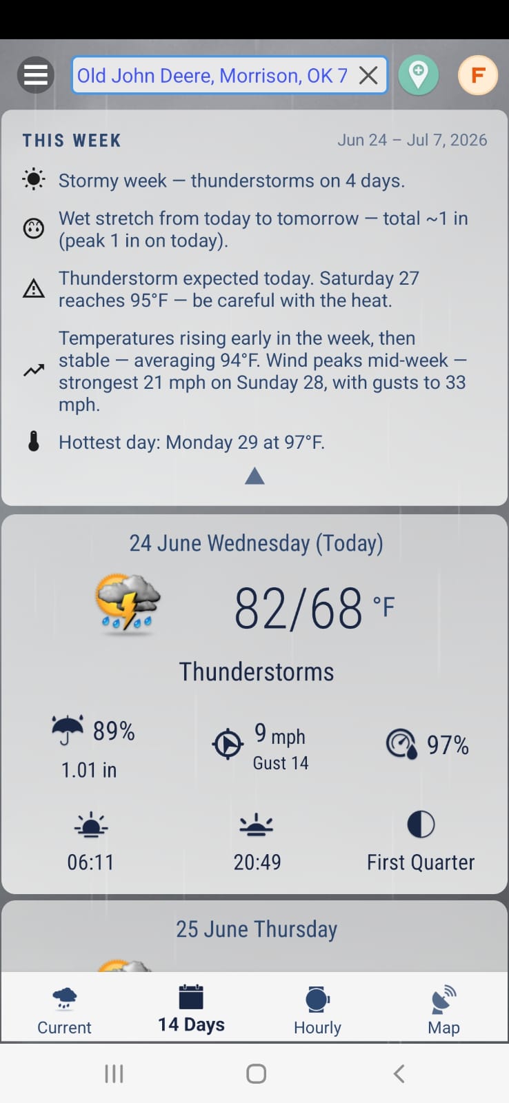 14-day forecast with a plain-language weekly summary and detailed daily card