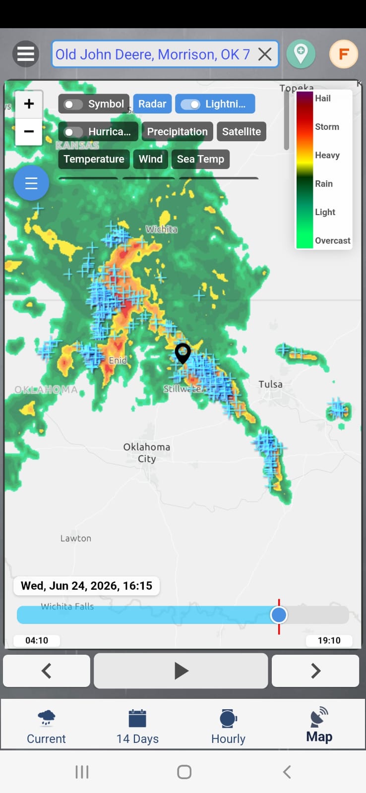 Live radar map with lightning strikes and toggleable layers for precipitation, satellite, temperature, wind and sea temp
